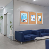 84 x 48 Enclosed Cork Bulletin Board, Indoor Wall Mount 3-Door Display Case in 4 Metal Cabinet Finishes