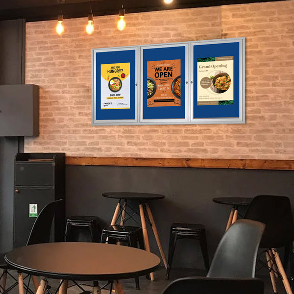 96 x 48 INDOOR Enclosed Bulletin Cork Boards - 3 DOOR Metal Display Case in 4 Finishes