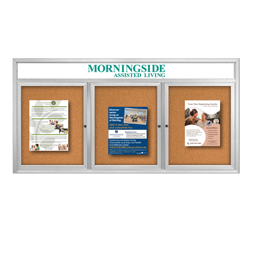 Indoor Enclosed Bulletin Boards 96" x 24" with Message Header (3 DOORS)
