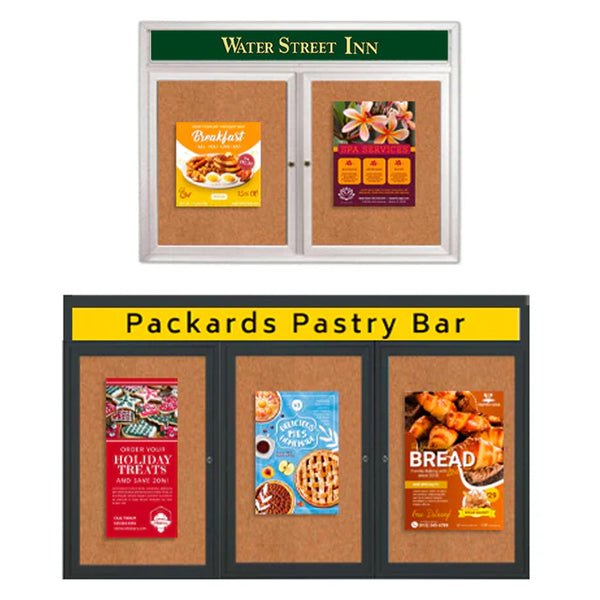 Enclosed Indoor Bulletin Boards with Your Message Header and LED Lights, 2-3 Doors, Wall Mount Metal Display Cases in 35+ Sizes