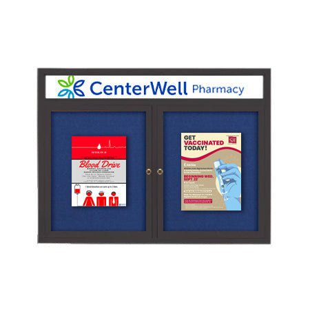 Enclosed Indoor Enclosed Bulletin Boards 60 x 24 w Message Header + Radius Edge 2 DOOR