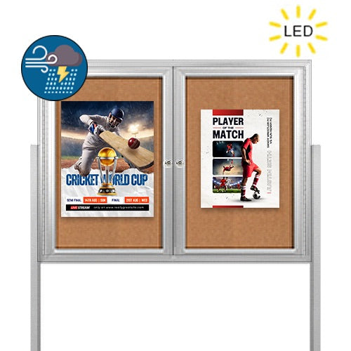 Freestanding 2 Door Enclosed Outdoor Bulletin Boards 72" x 48" with Lights + Posts