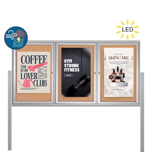 Freestanding 3 Door Enclosed Outdoor Bulletin Boards 84" x 24" with Lights + Posts