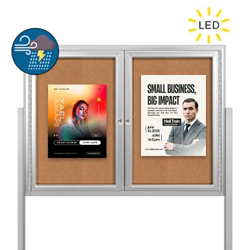 Freestanding 2 Door Enclosed Outdoor Bulletin Boards 96" x 48" with Lights + Posts