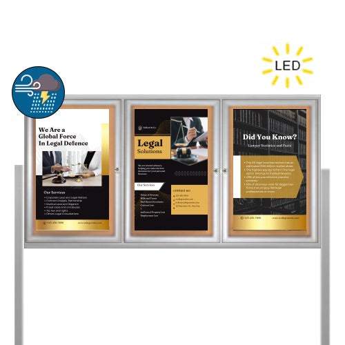 Free Standing 3 Door Enclosed Outdoor Bulletin Boards 96" x 48" Metal Cabinet with LED Lighting + Two Posts