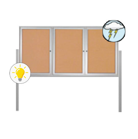 Free-Standing 3-Door Enclosed Outdoor Bulletin Board 84" x 48" with + Posts and LED Lighting